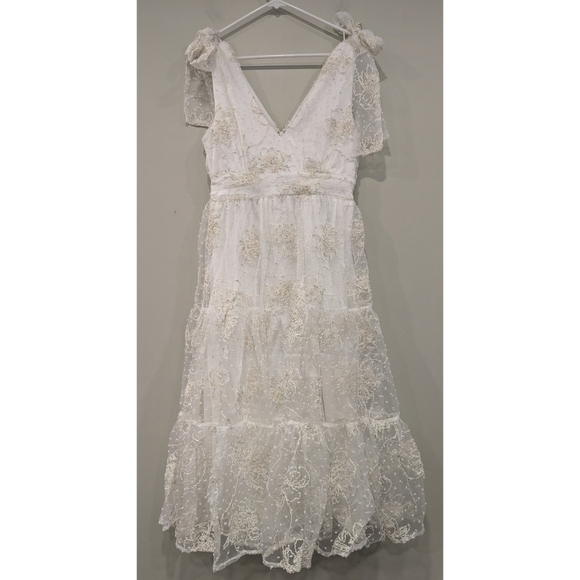 Lulus Dresses & Skirts - Lulu's Forever Endearing Embroidered Swiss Dot White and Gold Dress Size Small
